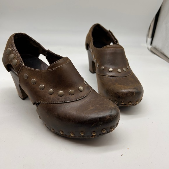 Dansko Shoes - Dansko Ryder Distressed Brown Leather Studded Clogs Block Heel Snap Shoe Size 36